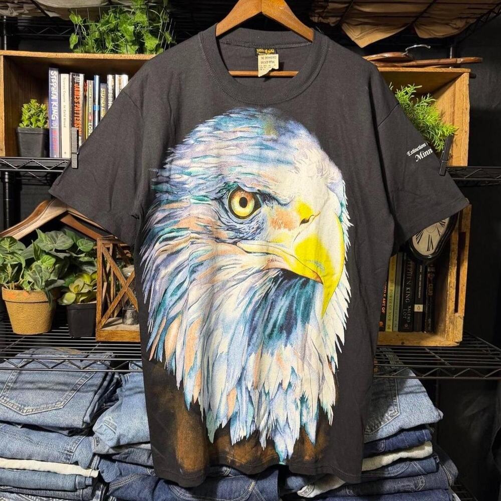 Vintage 90s Single Stitch Deadstock Bald Eagle AOP Nature Tee Black Shirt Large
